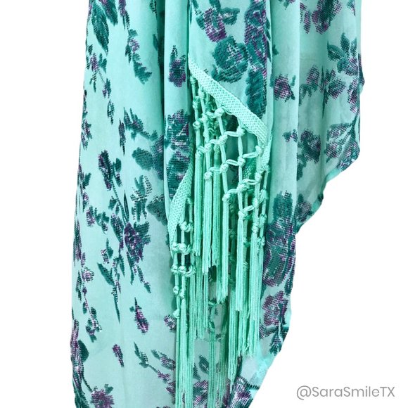 ENTRO Boho Mint Green Floral Print Tassel Fringe Midi Length Kimono - Picture 3 of 8